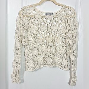 90s Crochet Floral Open Knit Cropped Sweater Vintage Cream L